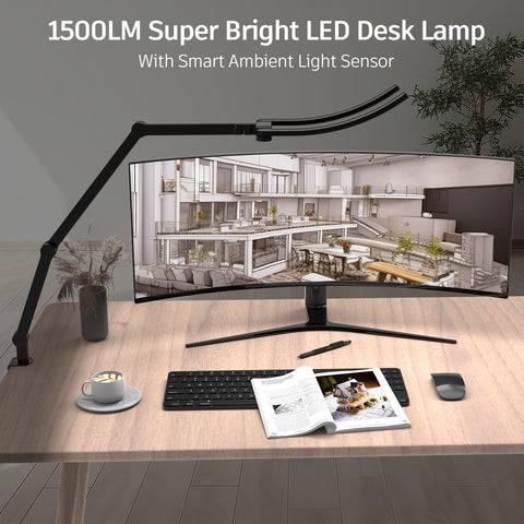 Dual-Curve LED Clamp Desk Lamp – Foldable Long Arm, Touch Control, Soft Light for Study, Reading & Work