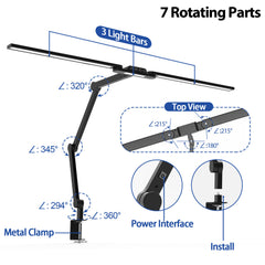 24W Dual-Head Clamp LED Desk Lamp Eye-Caring Designer Light Dimmable for Kids Home Office Study