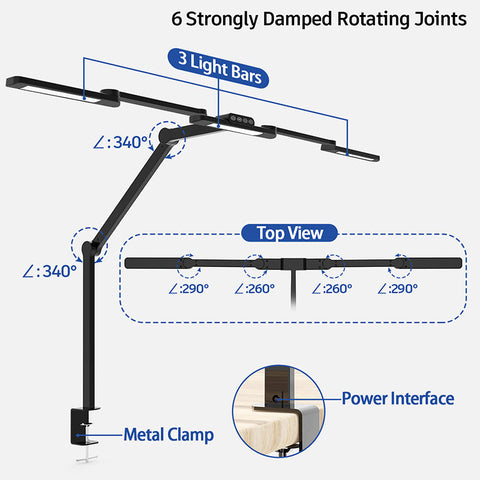 LED Desk Lamp with 3 Heads, 5 Color Temps, 5 Brightness Levels, Adjustable Study & Task Light for Reading & Work